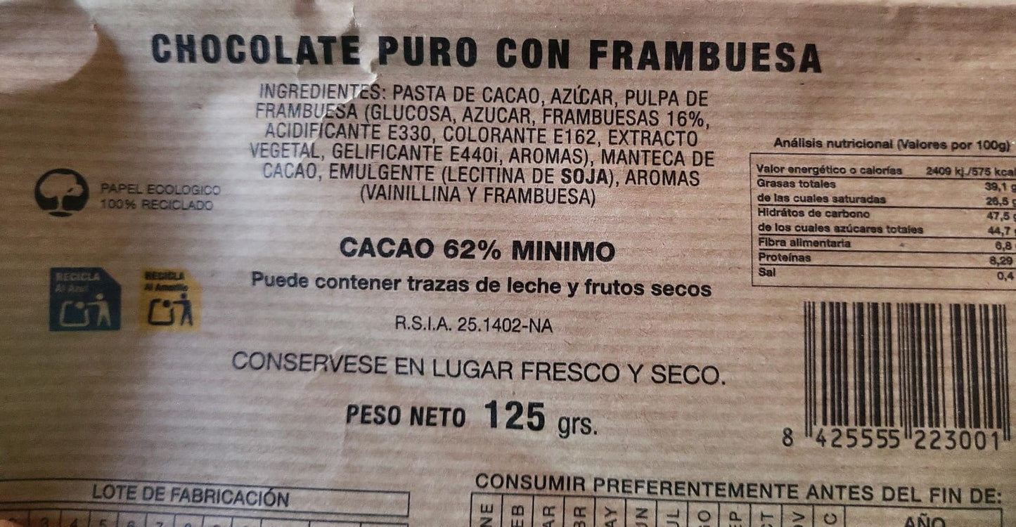Chocolate Puro con Frambuesa (125g) – Cacao 62%