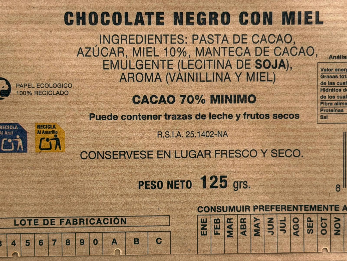 Chocolate Negro con Miel (125g) – Cacao 70%